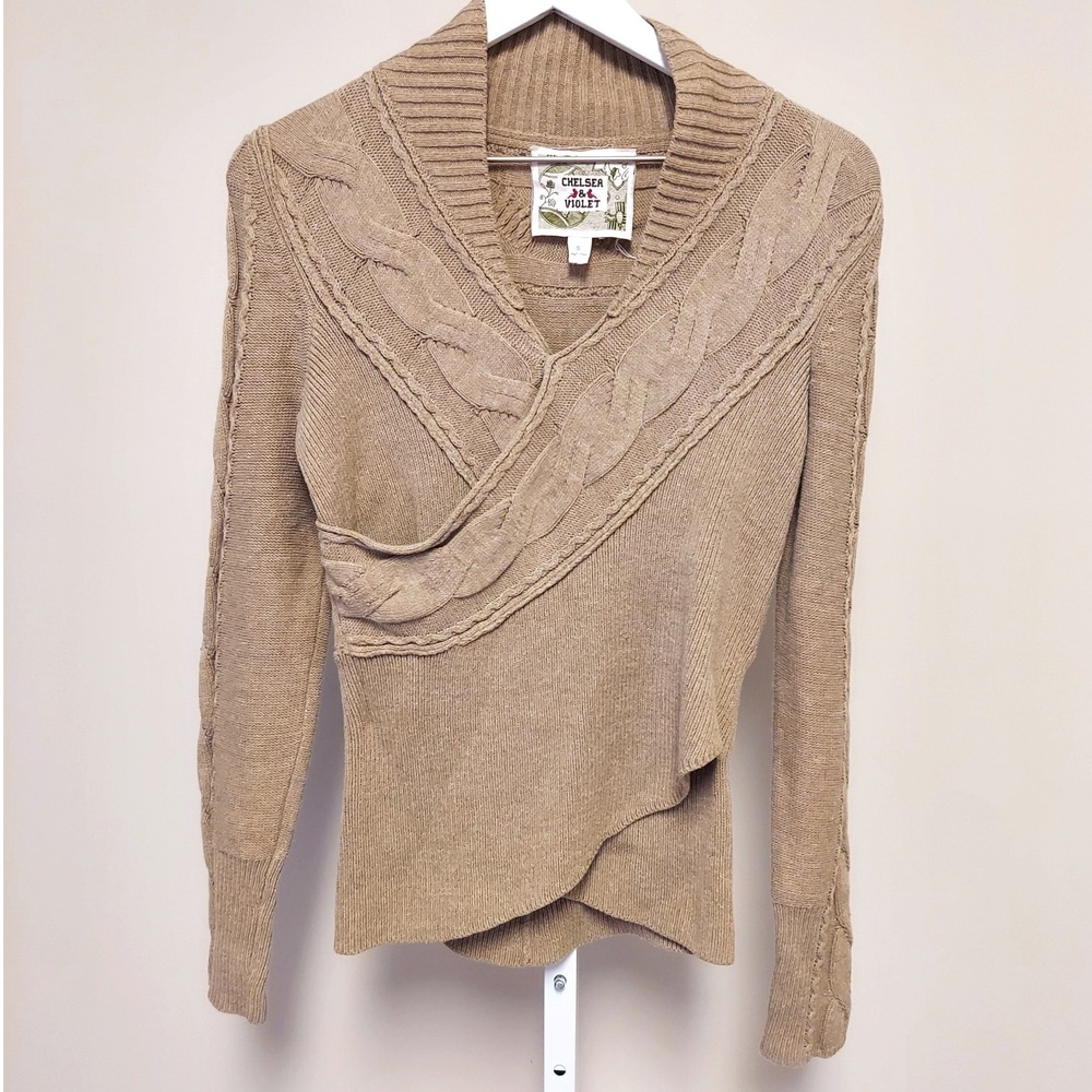 Chelsea & Violet Tan Cable Knit Wrap Sweater Surplice V-Neck Long Sleeve Small